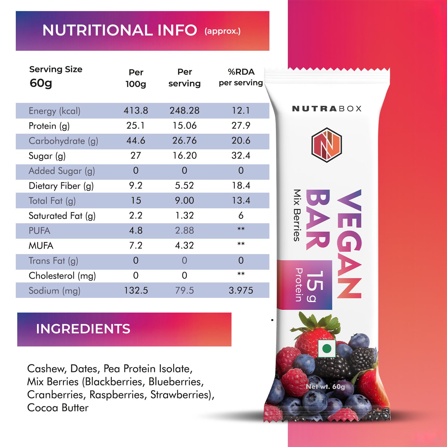 Nutrabox 15g Vegan Bar - Mix Berries