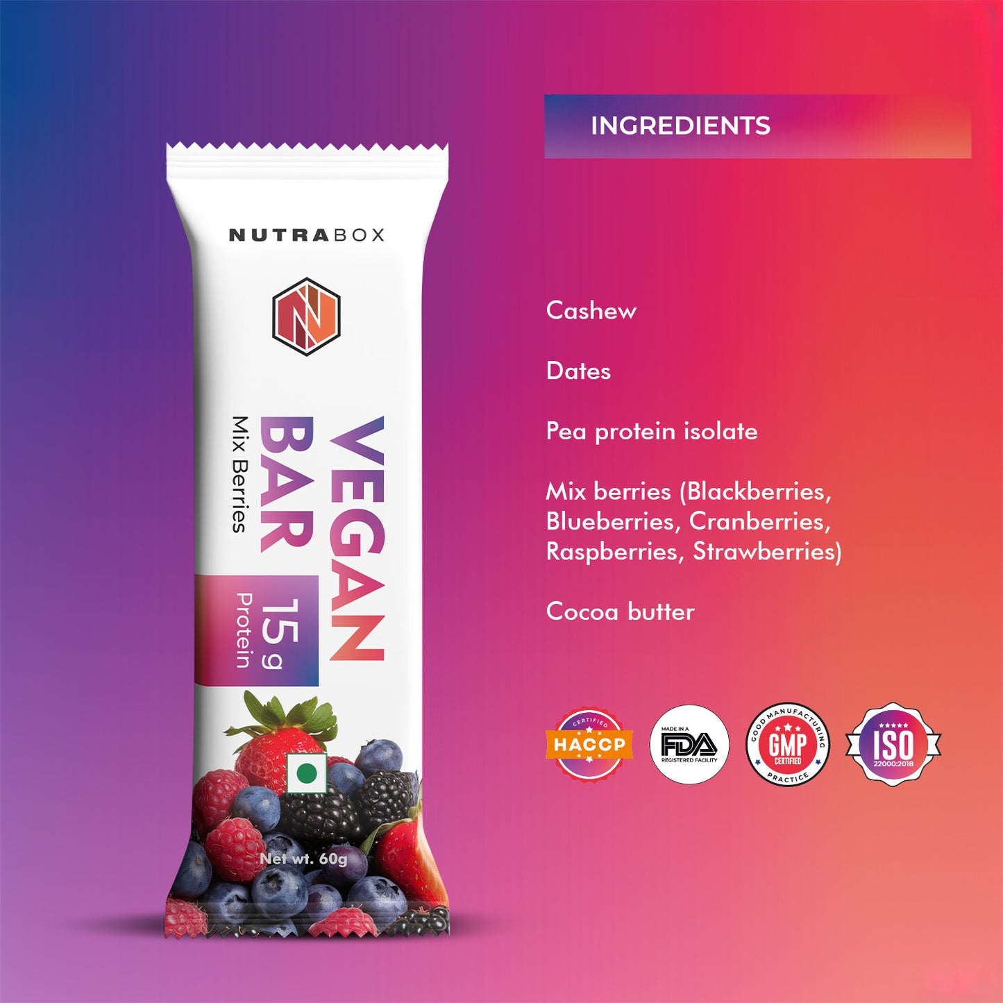 Nutrabox 15g Vegan Bar - Mix Berries