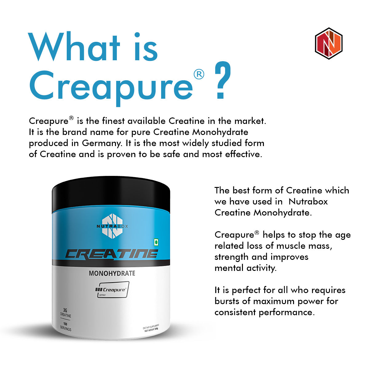 Nutrabox Creatine Monohydrate made with Creapure® (300g, 100 Servings) | 100% Pure Creatine