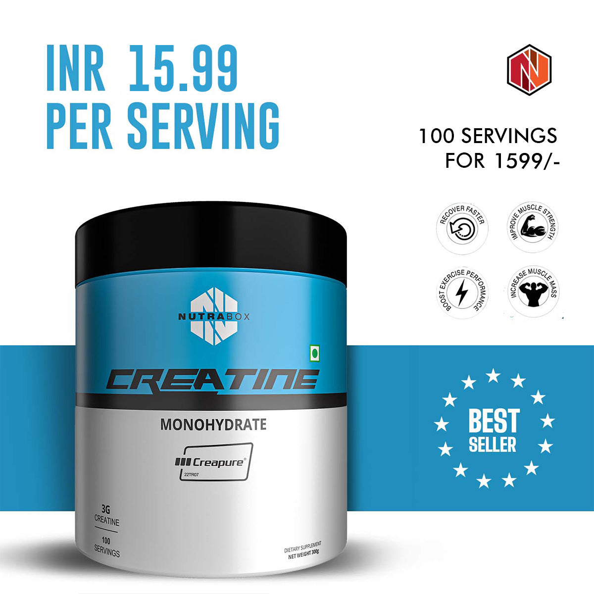 Nutrabox Creatine Monohydrate made with Creapure® (300g, 100 Servings) | 100% Pure Creatine