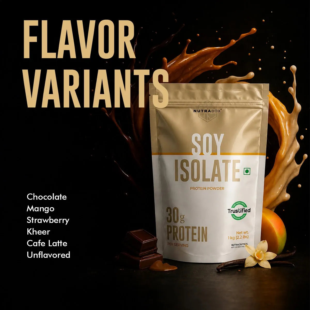 There are 5 flavors and one unflavored variant. Flavored variants are chocolate, mango, strawberry, kheer and vanilla.