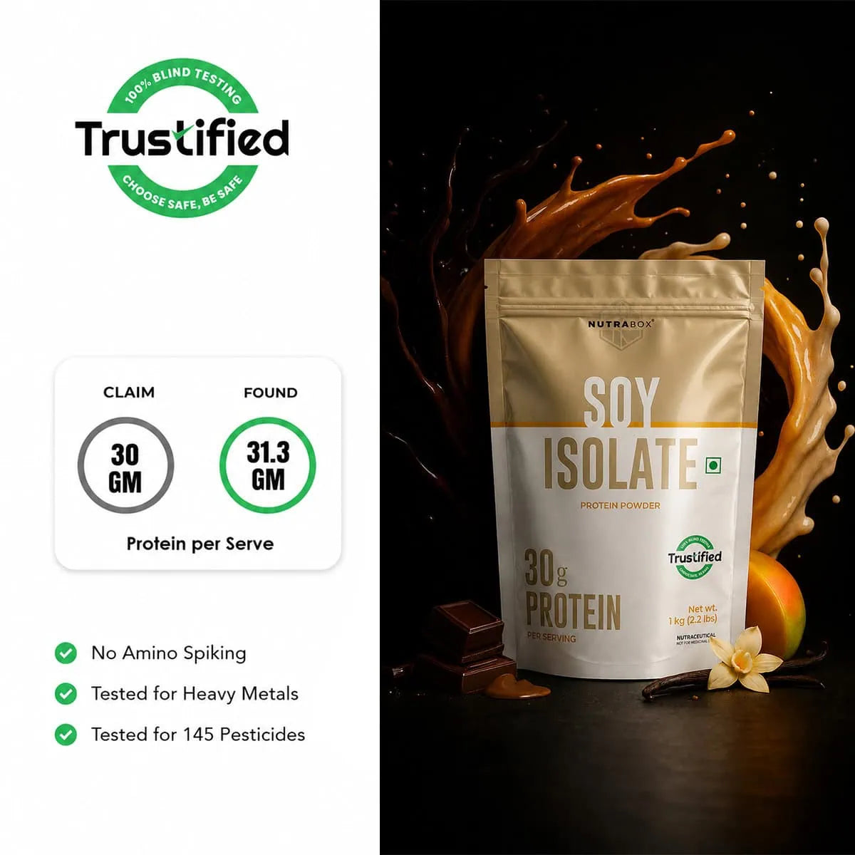 Trustified checked the protein accuracy of Nutrabox Soy Protein and several other factors through their 7 level blind testing mechanism.

It found 31.3g protein per serve and Nutrabox claim is 30g protein per serve.