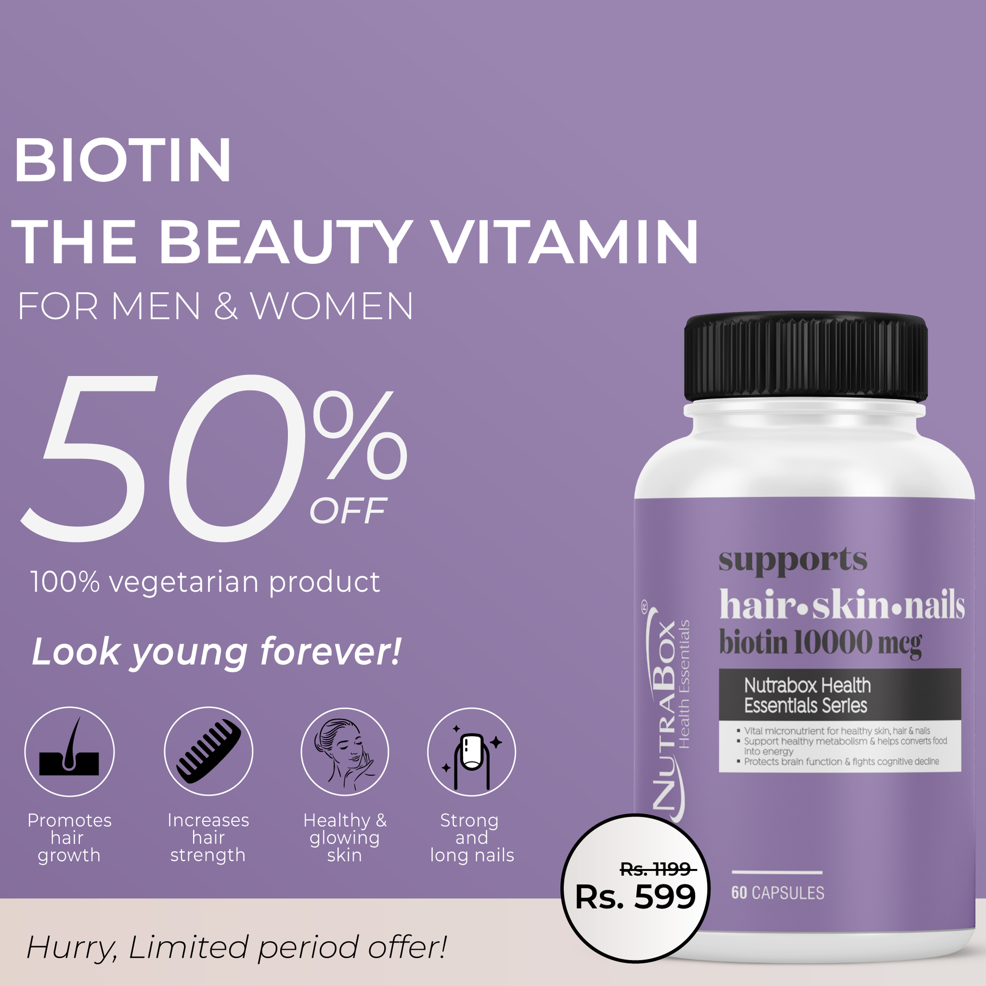 Biotin 10000 mcg Capsules for Hair, Skin & Nails(60 capsules) - Nutrabox India