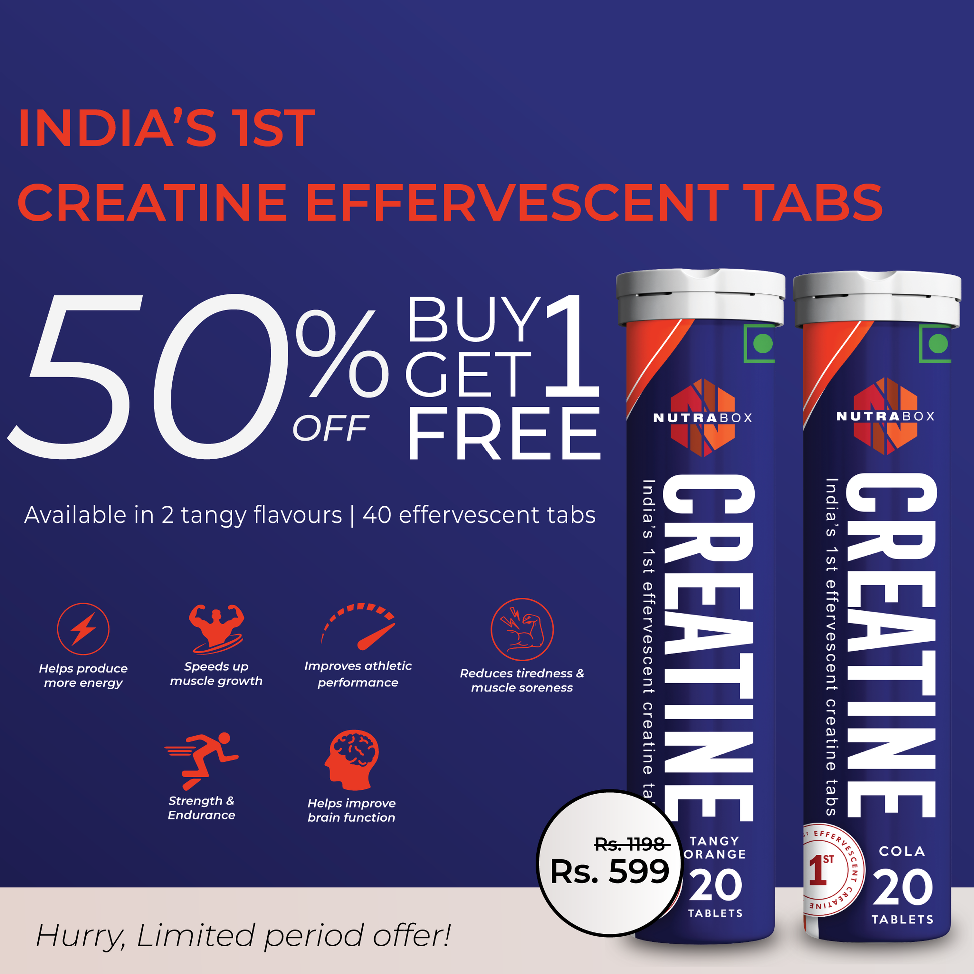 Creatine Effervescent Tabs - Buy 1 get 1 Free - Nutrabox India